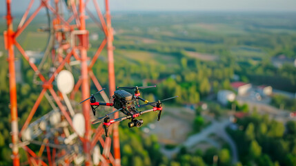 Imagen Aérea de Dron realizando un trabajo de inspección de antenas de telecomunicaciones