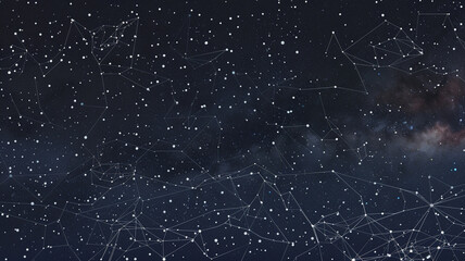 A night sky, where dots of soft white resemble distant stars, connected by fine, silver lines that draw constellations. The background is a gradient of navy to black, representing the vast, 