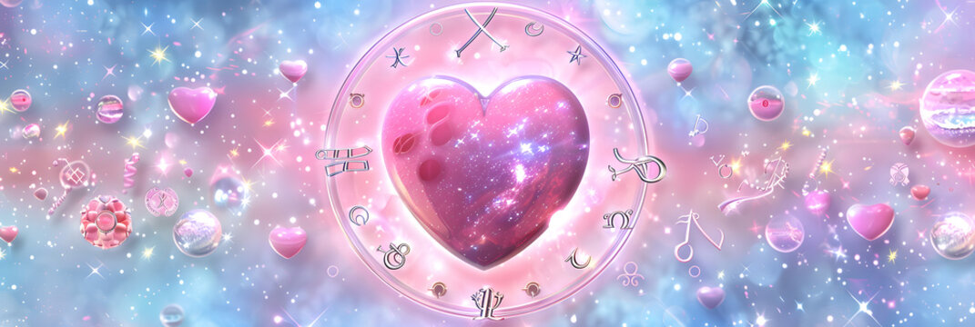 Circle of Zodiac Signs Surrounding a Pink Heart - A Love Horoscope Concept