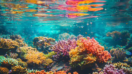 underwater scene with tropical fish and corals