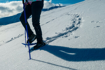 Close up view of person wearing snow shoes and walking in white fluffy snow on alpine meadow in Kor...