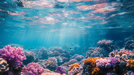 underwater scene with tropical fish and corals