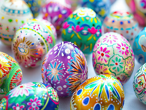 Hand-painted Easter eggs, intricate patterns and vibrant colors, close-up