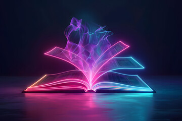 Open book with futuristic technology. Colorful lights  neon background. - obrazy, fototapety, plakaty