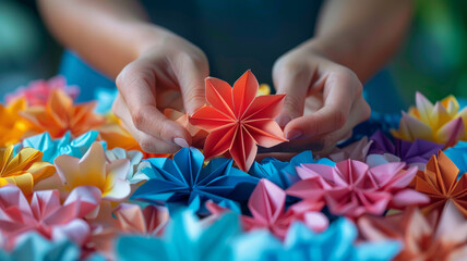 Hands folding a paper origami flower