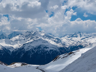Grossglockner high alpine road going along majestic snow covered mountain peaks in High Tauern...