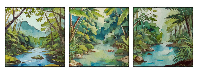 Set of 3 Watercolor painting on canvas. Artistic brush strokes. Jungle landscape for printing on wall decorations. Generated by Ai