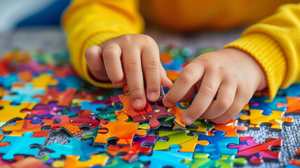 Child's hands assembling a colorful puzzle.