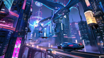 Futuristic cityscape with neon lights and flying cars, vibrant tech utopia, high detail