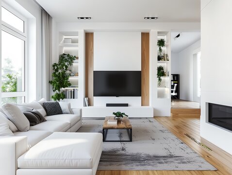 A white living room with a large flat screen TV and a fireplace