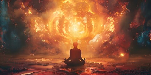 A man meditating in front of a fiery explosion - obrazy, fototapety, plakaty
