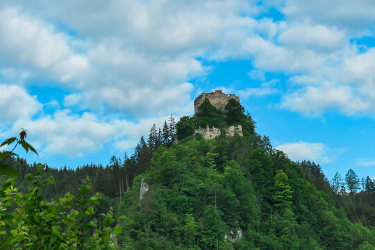 Panoramic view of medieval castle on a hill in Eppenstein, Mur Valley, Styria, Austria. Ruins of landmark in Weisskirchen in Steiermark. Idyllic forest surrounding tourist attraction. Tranquility