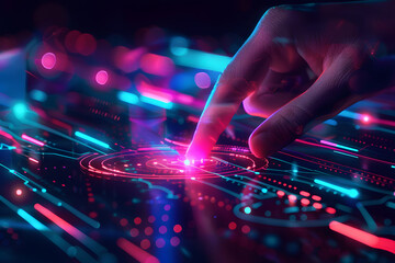Abstract touch the future. Technology background in neon lights . - obrazy, fototapety, plakaty