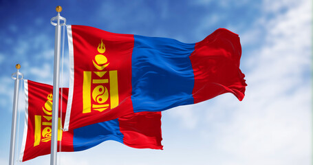 Close-up of Mongolia national flags waving in the wind - 774286029