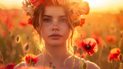 Young woman with a flower crown in a field.