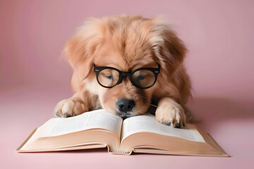 Funny cute dog reading book isolated on pastel background.