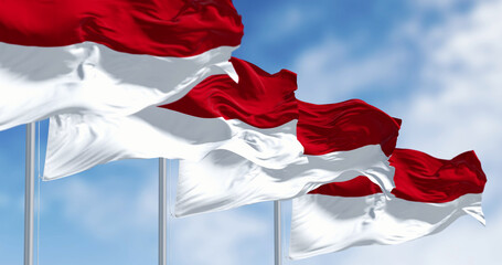 Group of Indonesia national flags waving in the wind on a clear day