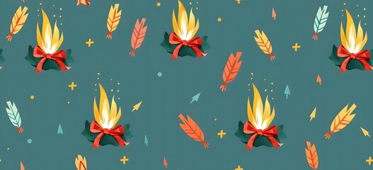 Camping fire pattern, bonfires and bows arrows on a dark blue background - obrazy, fototapety, plakaty