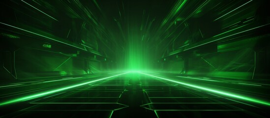 A bright green light shines through the darkness of a long underground tunnel, casting an eerie...