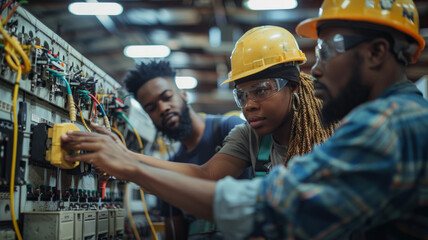 Three electricians working on panel