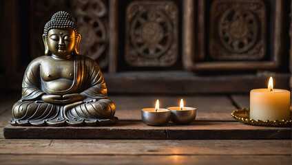 Copper statue of Buddha among candles. - obrazy, fototapety, plakaty