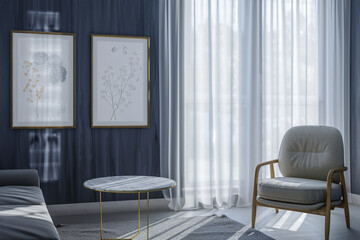 A Scandinavian living room with an elegant indigo wall. Three mock-up poster frames in polished gold feature minimalist floral designs. The room is furnished with a mid-century modern armchair 