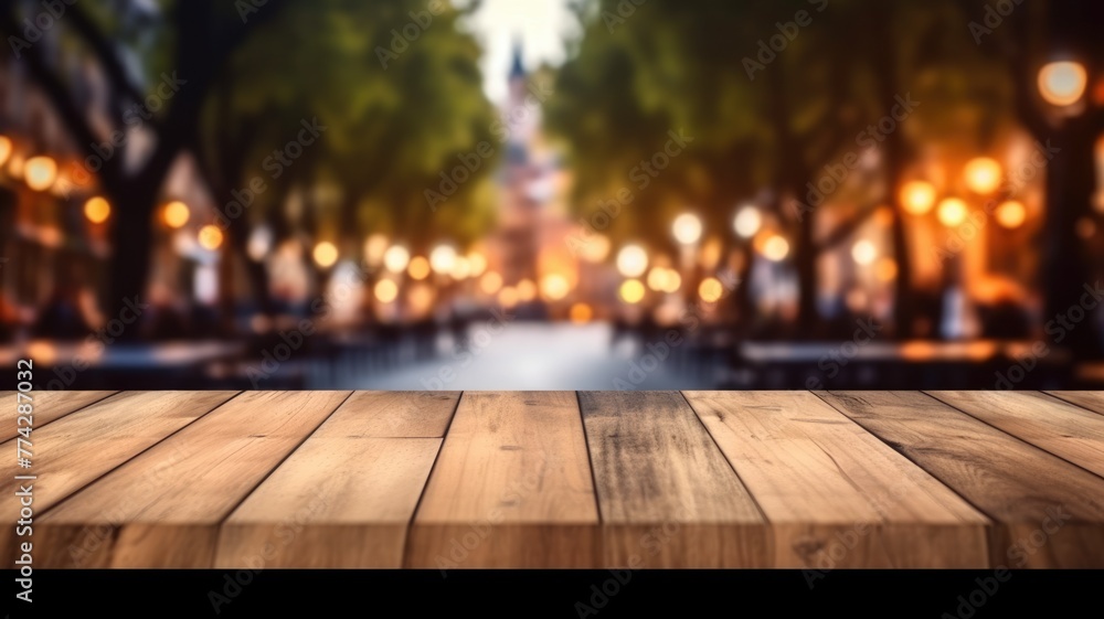 Poster the empty wooden table top with blur background of european street. exuberant image. generative ai