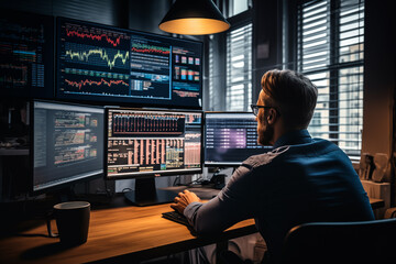 Businessman analyzing statics and finance market graphs in a computer. Generative AI	
