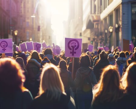 Demonstration and protest of a multitude of women in favor of women's rights, feminism and equality, walking backwards through the middle of the city with purple posters with feminist symbols
