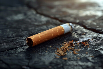 A cigarette butt is on the ground, with the tip still lit