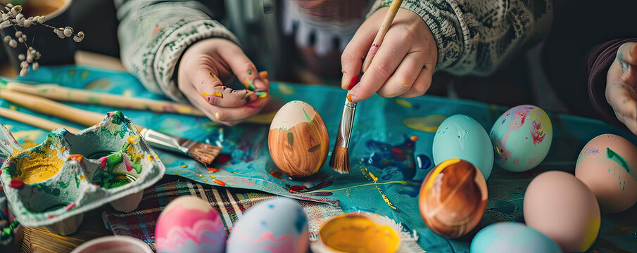 Creative egg decoration workshop, artists at work with dyes and brushes