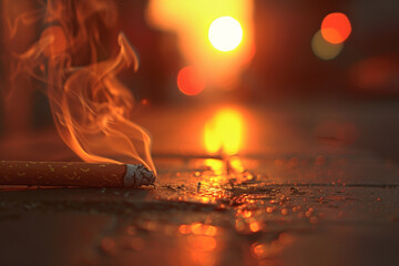 A cigarette is lit and the smoke is rising
