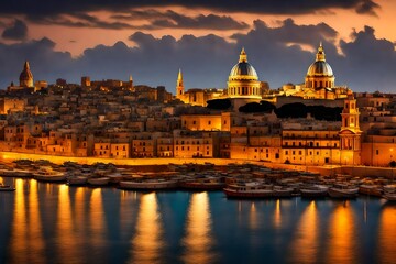 Evening view of Valletta and cathedral, Malta island - obrazy, fototapety, plakaty
