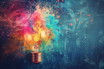 A lightbulb explodes with a vibrant splash of colors, symbolizing inspiration and creativity - 774287453