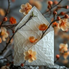 Craft envelope on a wooden table with a vintage background and a vase with dried flowers.
Concept: Messages and correspondence in retro style, sophisticated handmade style, invitations