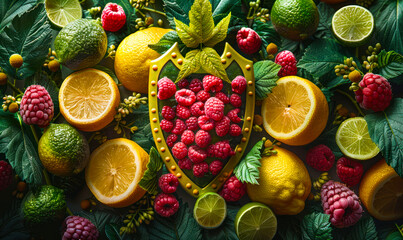Immune system as shield shaped organ, surrounded by protective elements like raspberries, limes, and vitamins, representing body's defense mechanisms bolstered by a healthy diet rich in antioxidants
