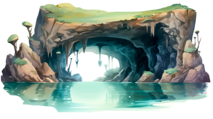 Dramatic rocky coastline with crashing waves against cliffs under a bright blue sky