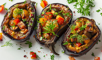 Plant-Based Pleasure: Vegan Baked Eggplants Stuffed with Colorful Veggies and Fragrant Herbs - obrazy, fototapety, plakaty