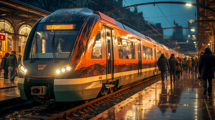Obraz premium A train is parked at a station with people walking around it. The train is orange and white