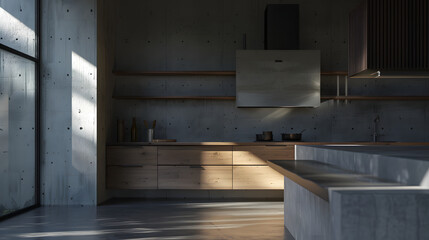 Contemporary Kitchen Bliss: A Sleek Modern Space Fusion of Concrete and Wood, Showcasing Elegant Furniture in a Stunning 3D Rendering - obrazy, fototapety, plakaty