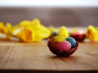 Colorful easter egg decorations on yellow daffodil background