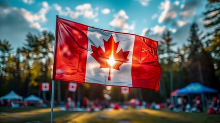 Vibrant Canadian flag flutters in focus against a blurred festival backdrop, embodying national pride during a sunny outdoor gathering.n culture. - obrazy, fototapety, plakaty