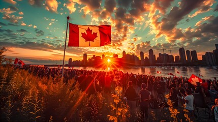 Fototapeta premium Majestic Canadian flag towers above a lively crowd at sunset, creating a powerful image of unity and festivity against a cityscape backdrop, ideal for national celebrations or public events.