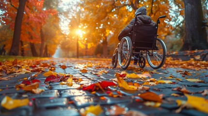Person in a wheelchair is silhouetted against the autumn sunlight, proudly holding up rainbow flags, symbolizing inclusivity and LGBTQ+ pride in a vibrant seasonal setting.