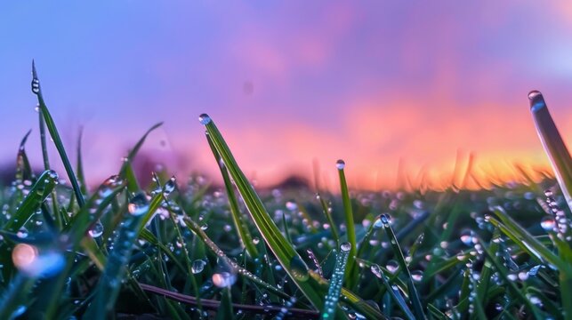 Crisp morning dew on grass against a dawn sky, showcasing the serenity of nature's awakening.