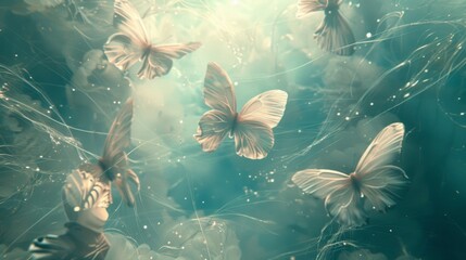 Butterflies with delicate wings akin to gentle wisps float amidst a dreamy aquatic-toned backdrop, creating an otherworldly ballet. - obrazy, fototapety, plakaty