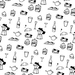 Pattern con utensili da cucina, bevande, tazze e bicchieri