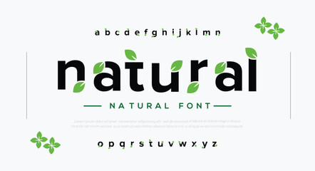 modern nature leaf earth green tree abstract digital alphabet font. minimal technology typography, creative urban sport fashion futuristic font and with numbers. vector illustration - obrazy, fototapety, plakaty