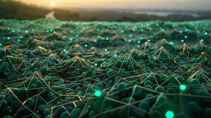 A sprawling abstract vista where emerald green dots are interconnected by bronze triangles, set...