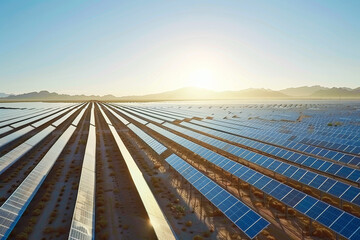 A large solar farm in a desert landscape. Rows of solar panels stretch out towards the horizon
